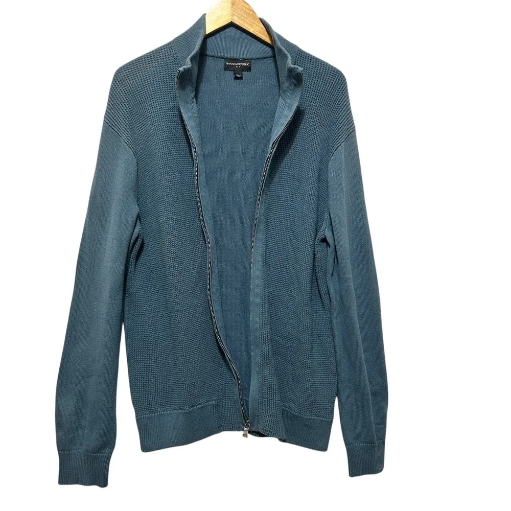 Banana Republic Men Full Zip Sweater L Blue Waffle Knit Cotton Minimalist Modern